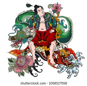 Japanese Samurai with koi carp and dragon tattoo full body.Hand drawn Traditional Japanese men vector.Samurai with cherry blossom and koi carp.Traditional Japanese tattoo style.