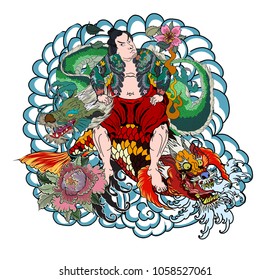 Japanese Samurai with koi carp and dragon tattoo full body.Hand drawn Traditional Japanese men vector.Samurai with cherry blossom and koi carp.Traditional Japanese tattoo style.