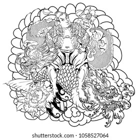 Japanese Samurai with koi carp and dragon tattoo full body.Hand drawn Traditional Japanese men vector.Samurai with cherry blossom and koi carp.Traditional Japanese tattoo style.