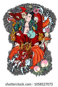 Japanese Samurai with koi carp and dragon tattoo full body.Hand drawn Traditional Japanese men vector.Samurai with cherry blossom and koi carp.Traditional Japanese tattoo style.