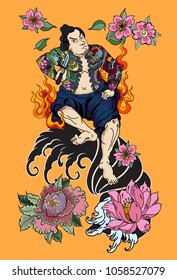 Japanese Samurai with koi carp and dragon tattoo full body.Hand drawn Traditional Japanese men vector.Samurai with cherry blossom and koi carp.Traditional Japanese tattoo style.