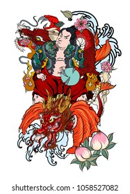 Japanese Samurai with koi carp and dragon tattoo full body.Hand drawn Traditional Japanese men vector.Samurai with cherry blossom and koi carp.Traditional Japanese tattoo style.