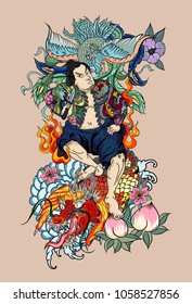 Japanese Samurai with koi carp and Peacock tattoo full body.Hand drawn Traditional Japanese men vector.Samurai with cherry blossom and koi carp.Traditional Japanese tattoo style.