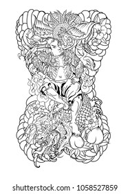 Japanese Samurai with koi carp and Peacock tattoo full body.Hand drawn Traditional Japanese men vector.Samurai with cherry blossom and koi carp.Traditional Japanese tattoo style.