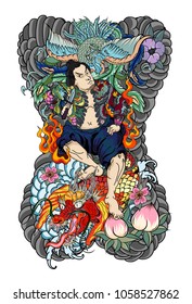 Japanese Samurai with koi carp and Peacock tattoo full body.Hand drawn Traditional Japanese men vector.Samurai with cherry blossom and koi carp.Traditional Japanese tattoo style.