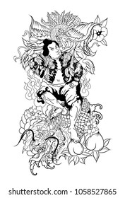 Japanese Samurai with koi carp and Peacock tattoo full body.Hand drawn Traditional Japanese men vector.Samurai with cherry blossom and koi carp.Traditional Japanese tattoo style.