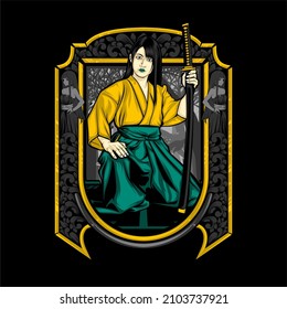 japanese samurai lady illustration with awesome background