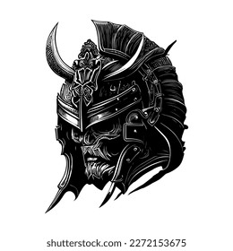 Japanese samurai logo black and white hand drawn illustration