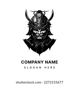 Japanese samurai logo black and white hand drawn illustration