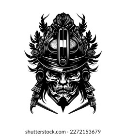 Japanese samurai logo black and white hand drawn illustration