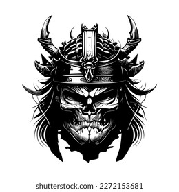 Japanese samurai logo black and white hand drawn illustration