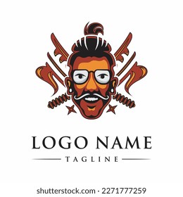 japanese samurai logo illustration with samurai sword and headmaster elements. vector template
