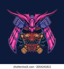 Japanese samurai mascot skull robot head illustration, perfect for design of t-shirts, stickers, merchandise, etc