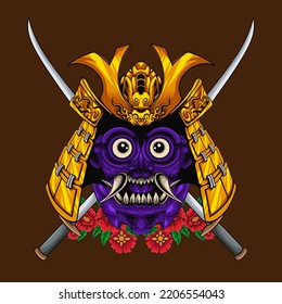 Japanese Samurai Mask With Crossed Swords Design Vector