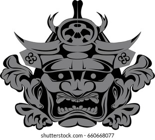 A Japanese samurai mask and helmet illustration