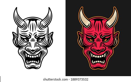 Japanese samurai mask with horns vector illustration in two styles monochrome on white and colorful on dark background