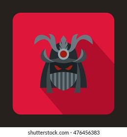 Japanese samurai mask icon in flat style on a crimson background