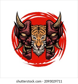 diseño de vector animal de gatos tigre de mascarilla de samurai de japón