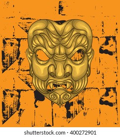 Japanese samurai mask. Vector art illustration. Military japanese traditional martial mask print.