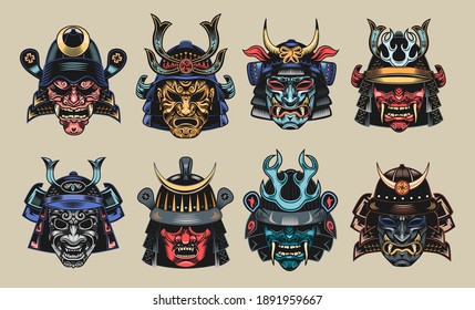 Samurai japonés enmascara un conjunto de ilustraciones planas. Japón tradicional guerrero vintage o clípart aislado colección de ilustraciones vectoriales. Concepto de arte militar y elementos de diseño