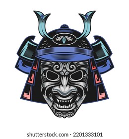 Japanese samurai masks flat illustration. Japan traditional vintage warrior or fighter clipart isolated vector illustration. Military art and design elements concept