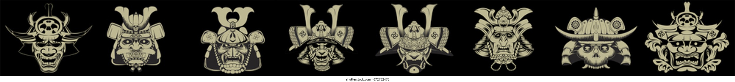 A Japanese samurai masks and helmet illustration