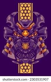 Japanese Samurai Mecha illustration for T-shirt screen printing