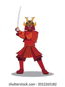 Japanese samurai or ninja or swordsman  holding Katana sword dress in red armor and red iron mask drawing in vector