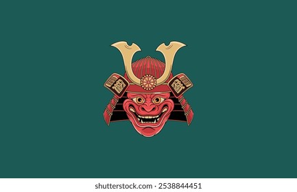 Japanese Samurai Oni Mask with Traditional Helmet