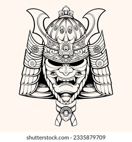 Japanese samurai oni mask warrior line vector art