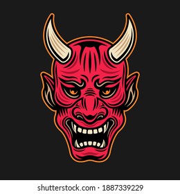 Japanese samurai red mask with horns vector illustration in vintage colored style isolated on dark background