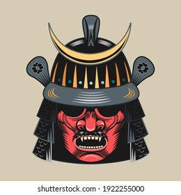 Japanese samurai red mask. Warrior or fighter traditional armor element, angry face with helmet vector illustration. Military and history concept for symbols and emblems templates