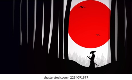 Japanese Samurai with red moon wallpaper. red moon. japanese theme wallpaper. silhouette of a samurai in the night background. 