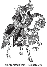A Japanese samurai rider sitting on horseback, wearing medieval leather armour and holding a katana sword. Asian Cavalry Warrior. Medieval East Asia soldier riding a pony horse.Black and white vector