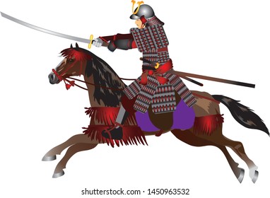 Japanese Samurai Riding Horse and holding Katana Sword - Vector