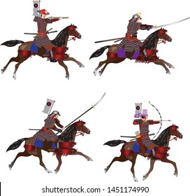 Japanese Samurai Riding A Horse Set, Archer, Gunman , Spearman and Swordman - Vector