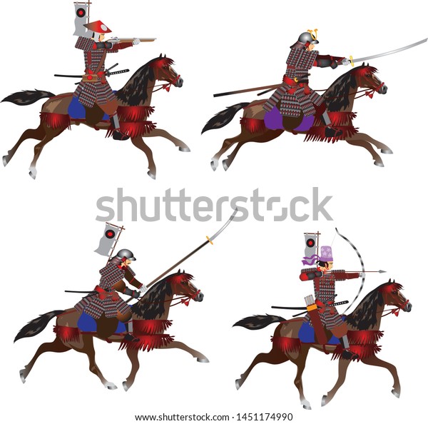 Japanese Samurai Riding Horse Set Archer Stock Vector Royalty Free