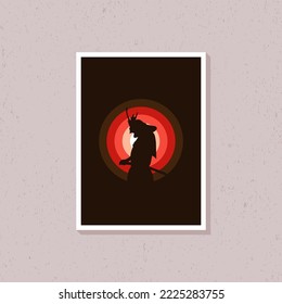 Japanese samurai silhouette design for wall decoration. Flat vector interior illustration. Suitable for printing, wall decoration, icons, stickers, templates and poster backgrounds.