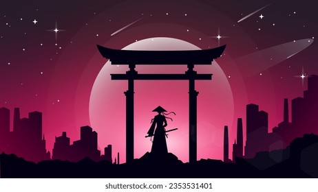 Japanischer Samurai mit Tor-Hintergrund. Japanische Cyberpunk-Samurai. Samurai-Girl-Illustration. Samurai Mädchen Anime Tapete. Landschaftsfantasy-Tapete. Fantasiehintergrund.