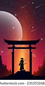 Japanese samurai with torii gate background. Japanese cyberpunk samurai. samurai girl anime wallpaper. landscape fantasy wallpaper. sunset fantasy background. samurai girl illustration. 