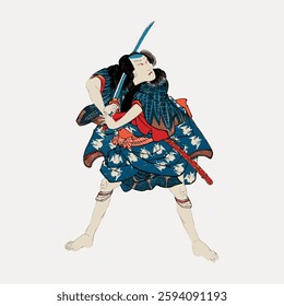 Japanese samurai in traditional attire, holding a sword, poised for action. The samurai's stance and attire reflect historical Japanese warrior culture. Vintage art painting vector.