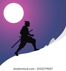 Japanese Samurai walking in snow with big moon behind. Illustration Vector