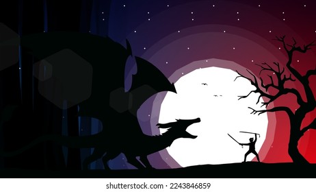 japanese samurai walpaper. full moon illustration background. samurai vs dragon. urban samurai fighting dragon. knight with swords at night. 