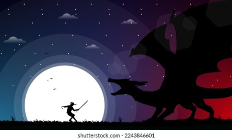 japanese samurai walpaper. urban samurai fighting dragon. knight with swords against dragon. full moon illustration background. fantasy walpaper for desktop.