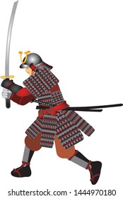 Japanese Samurai Warrior in action with  Katana Sword  - Vector