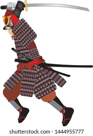 Japanese Samurai Warrior Attacking with  Katana Sword  - Vector