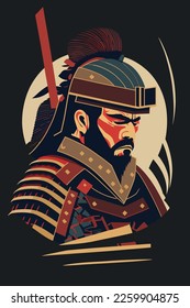 japanese samurai warrior close up flat color vector illustration for wall art print