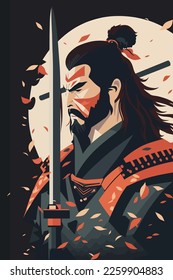 japanese samurai warrior close up flat color vector illustration for wall art print