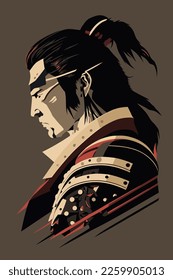 japanese samurai warrior close up flat color vector illustration for wall art print