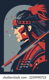 japanese samurai warrior close up flat color vector illustration for wall art print